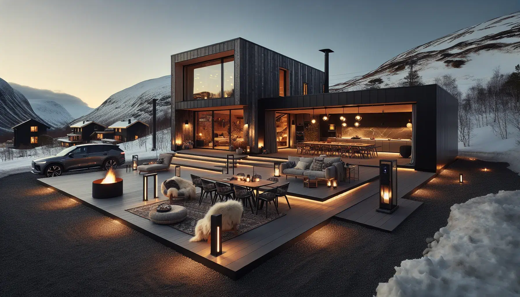 Modern norwegian cabin with upgrades warm interior glow and snowy terrace at sunset