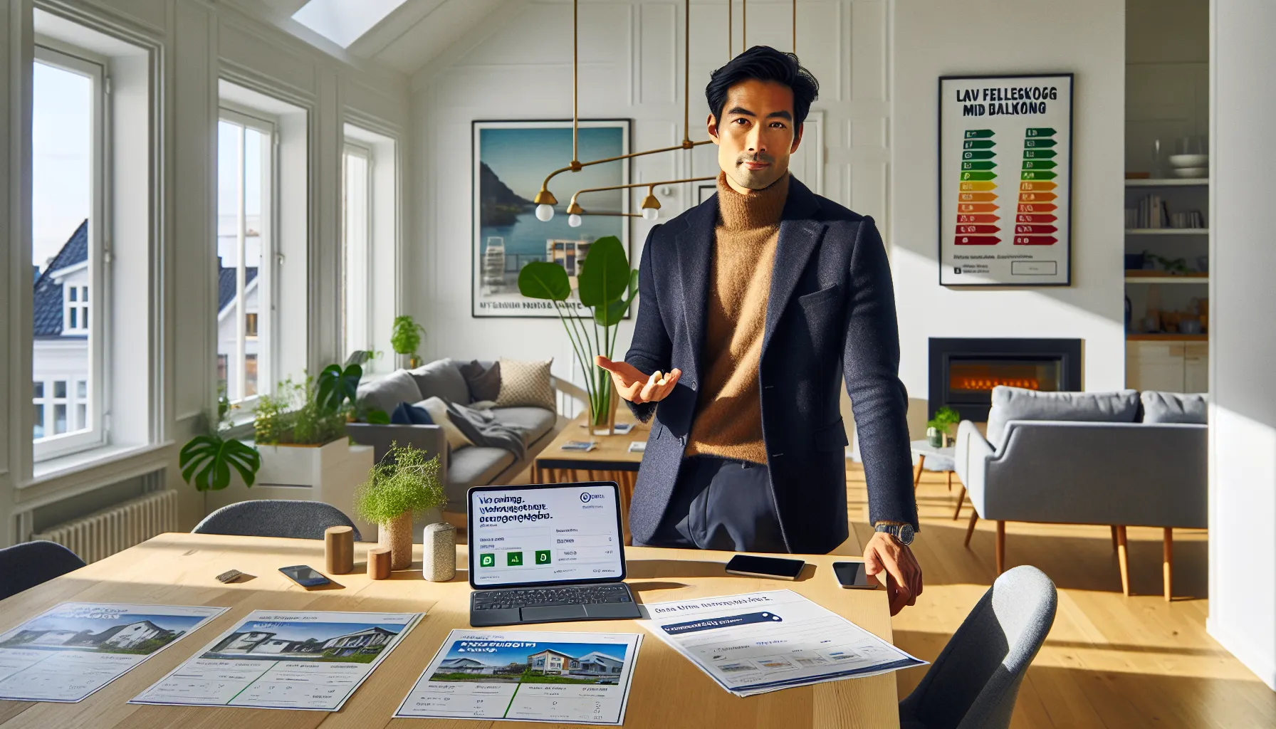 Norwegian agent presenting data driven real estate marketing in a sunlit oslo flat