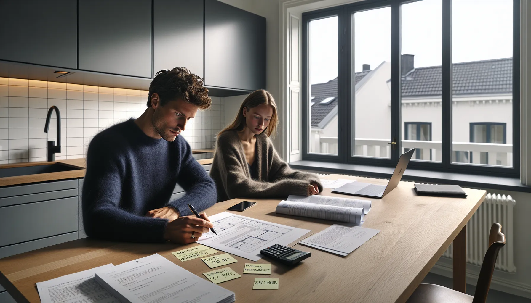 Norwegian couple reviewing housing reports budget and checklist at a kitchen table