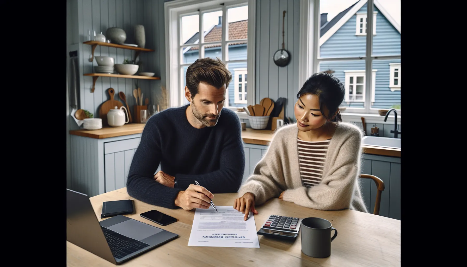 Norwegian couple reviewing mortgage refinancing documents at a sunlit kitchen table