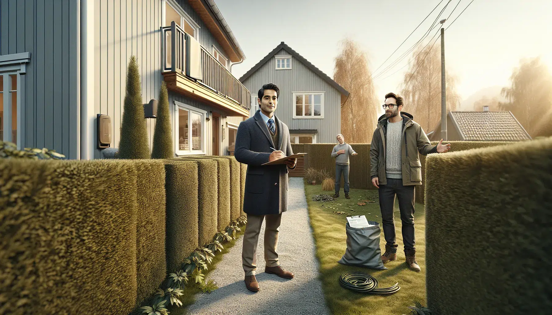 Realtor mediates neighbor dispute by trimmed hedge outside norwegian home