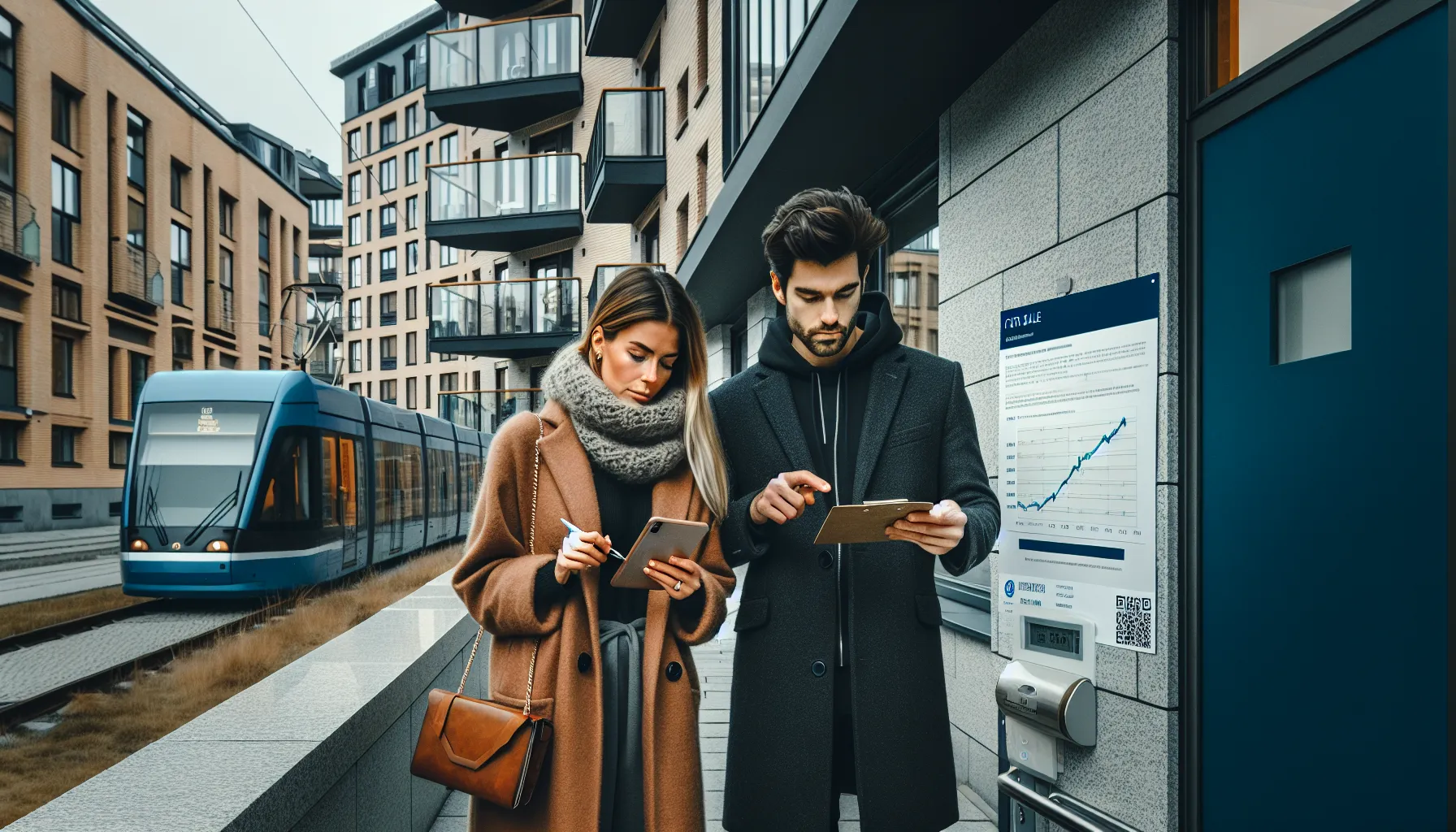 Young couple reviews mortgage papers by oslo apartment with til salgs sign