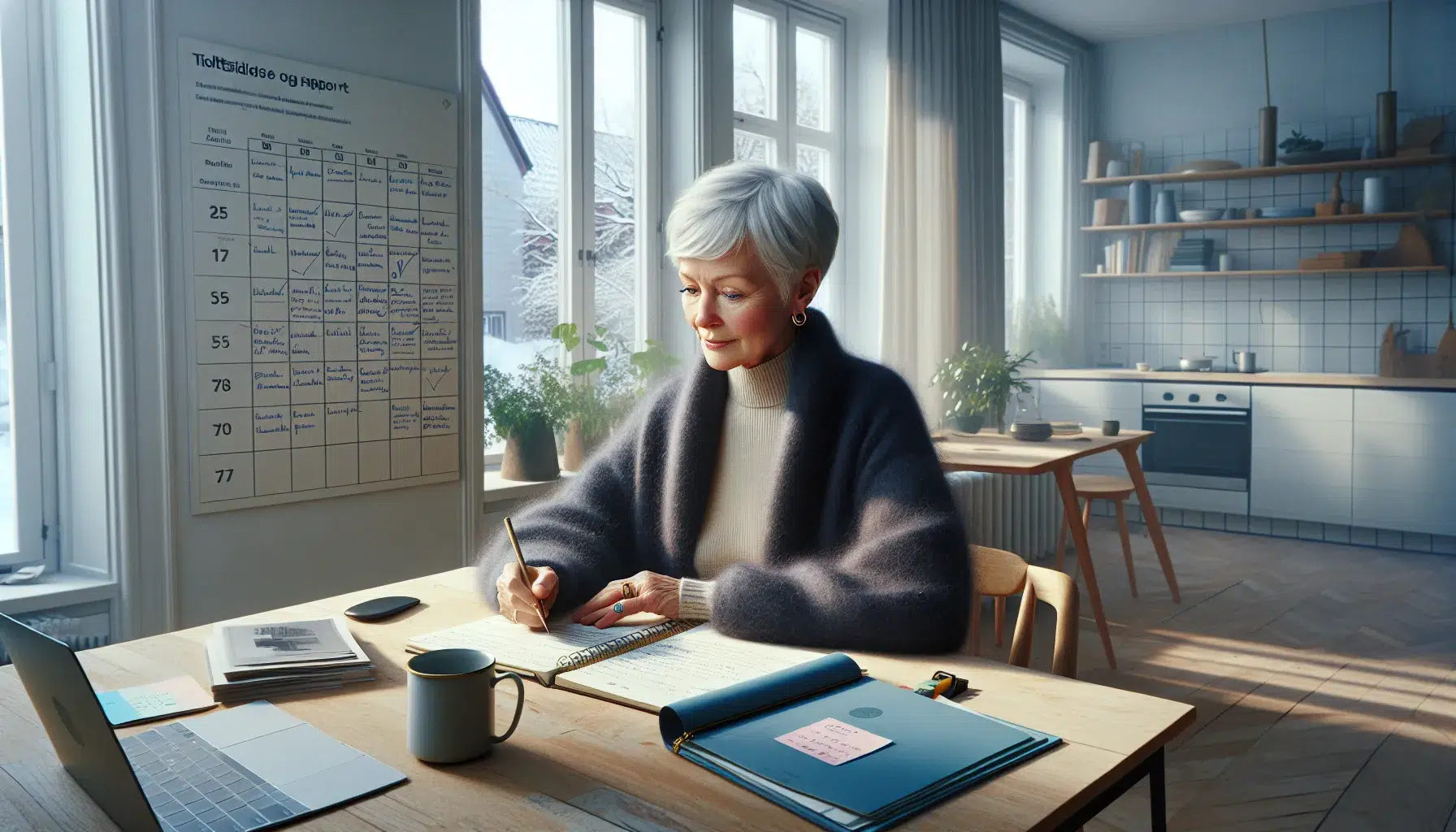 Slik kan eldre forberede seg på å selge boligen sin 2 Elderly norwegian woman planning home sale timeline and goals at kitchen table.