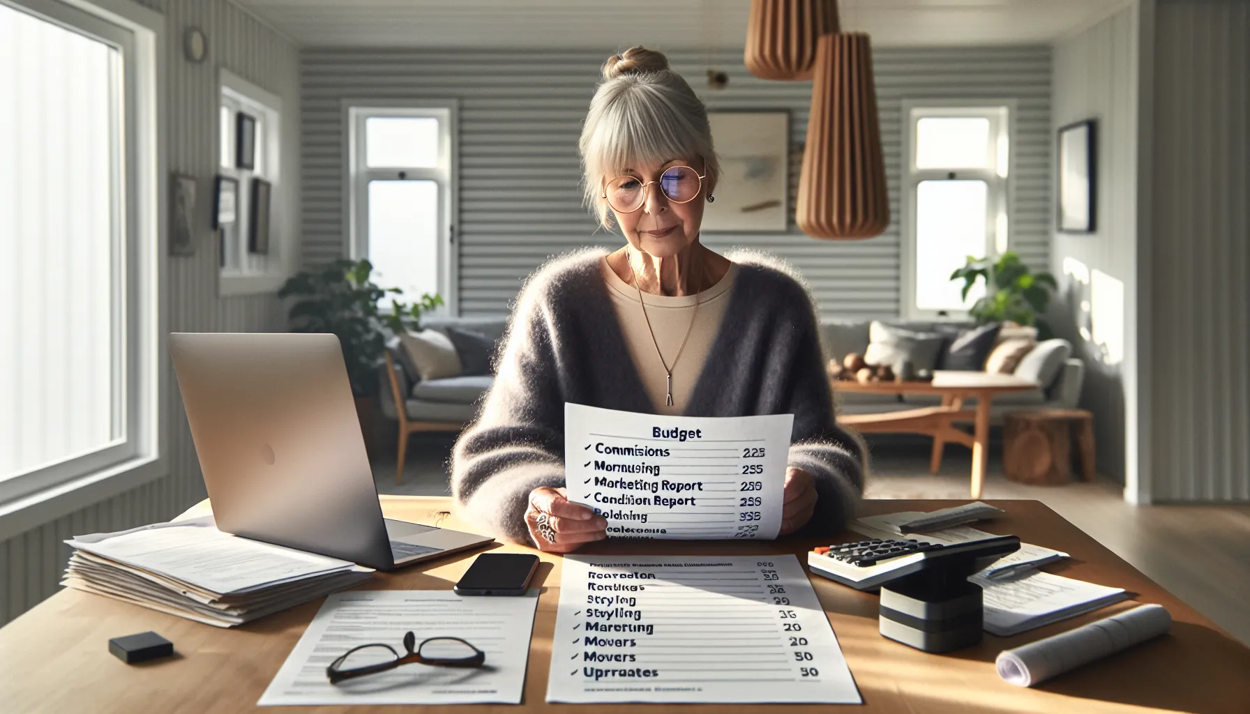Slik kan eldre forberede seg på å selge boligen sin 3 Elderly norwegian woman organizes home-sale documents with daughter at a sunlit table.
